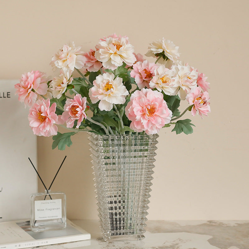 Single branch three-head flocked peony artificial flower