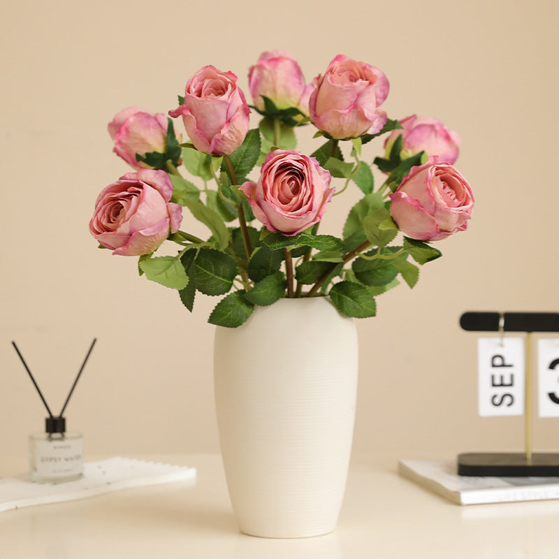 Artificial Baked Edge Rose Flower Bouquet - Faux Dried Flower Arrangement for Home Decor, Wedding & Gift