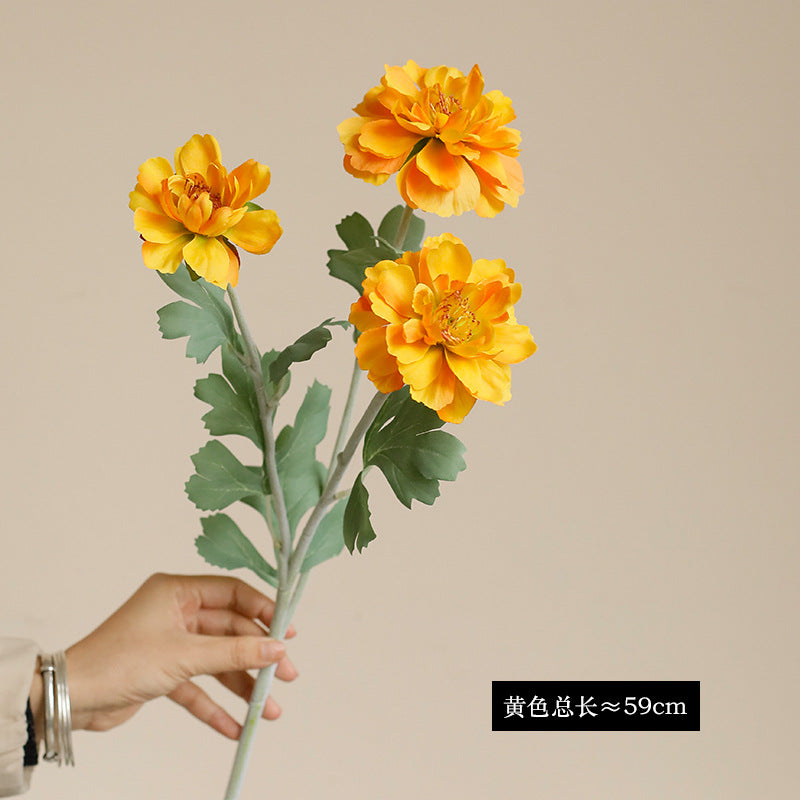 Single branch three-head flocked peony artificial flower