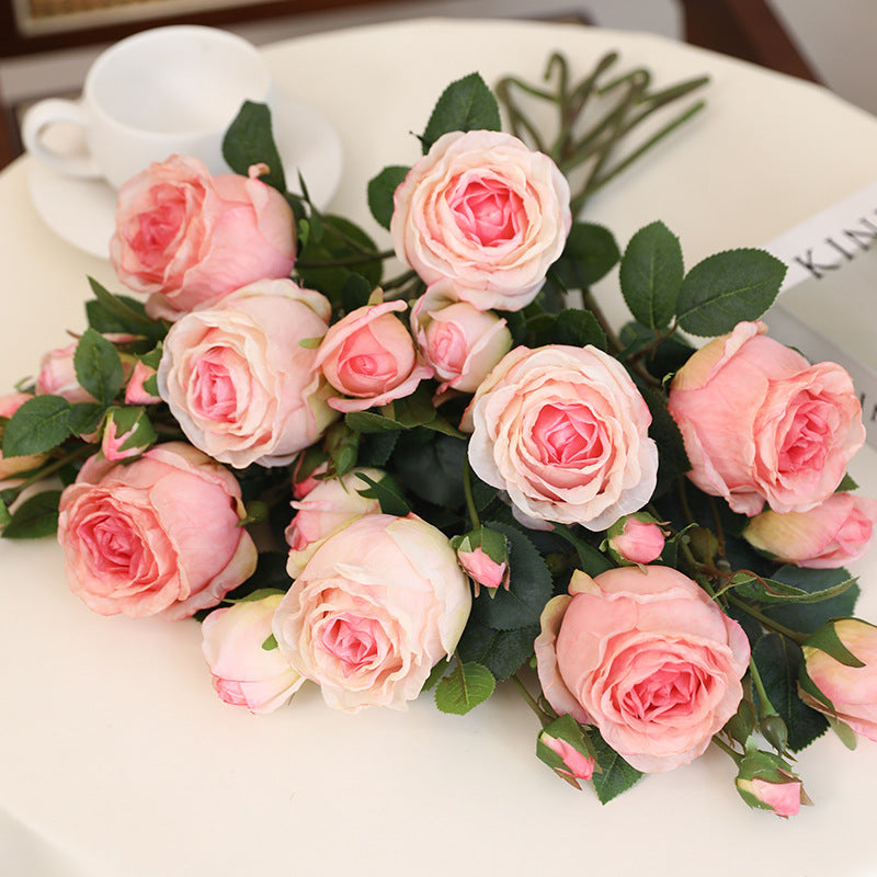 Artificial Single 3-Stem Roasted Edge Roses - Realistic Faux Florals for Home Decor, Vase Arrangements