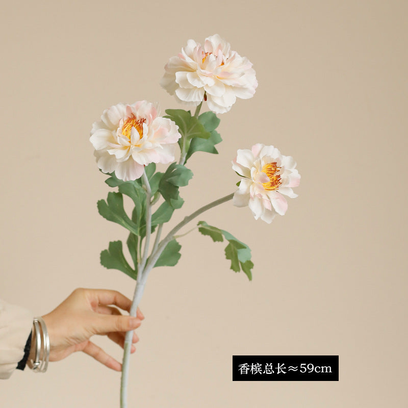 Single branch three-head flocked peony artificial flower