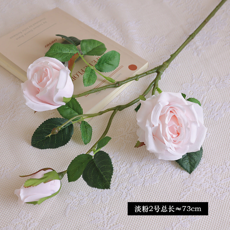 Simulated single-stem three-headed silk rose