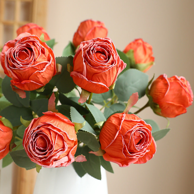 Retro Artificial Single Stem Roasted Edge Round Roses - Faux Blooms for Vintage Home Decor & Floral Styling