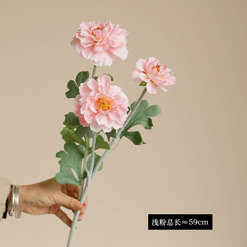 Single branch three-head flocked peony artificial flower
