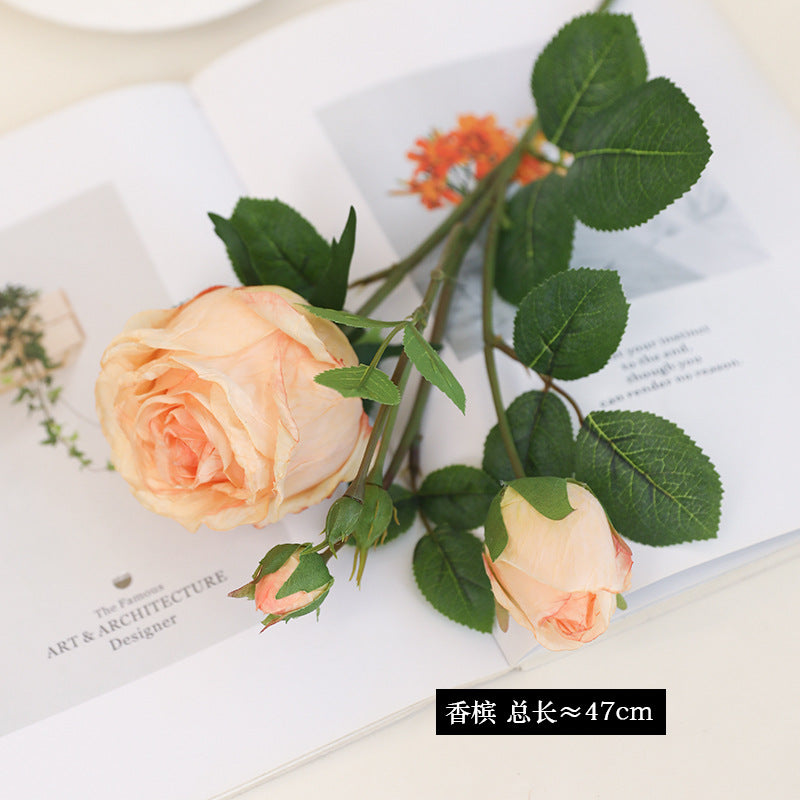 Artificial Single 3-Stem Roasted Edge Roses - Realistic Faux Florals for Home Decor, Vase Arrangements