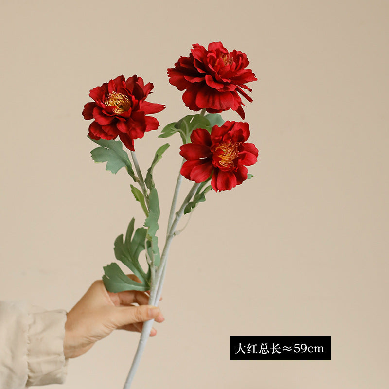 Single branch three-head flocked peony artificial flower