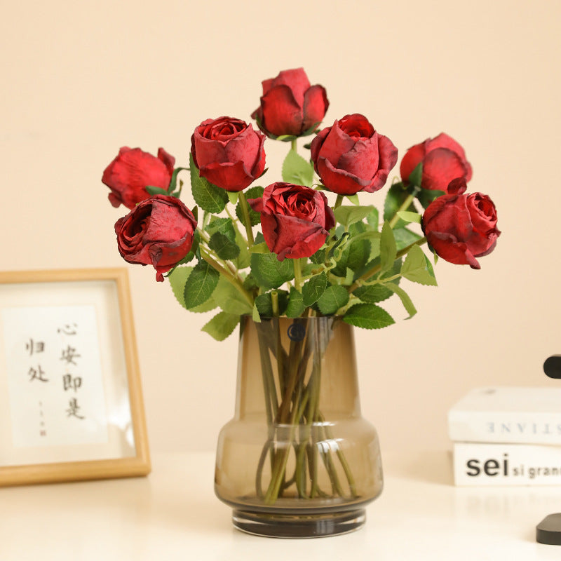 Artificial Baked Edge Rose Flower Bouquet - Faux Dried Flower Arrangement for Home Decor, Wedding & Gift