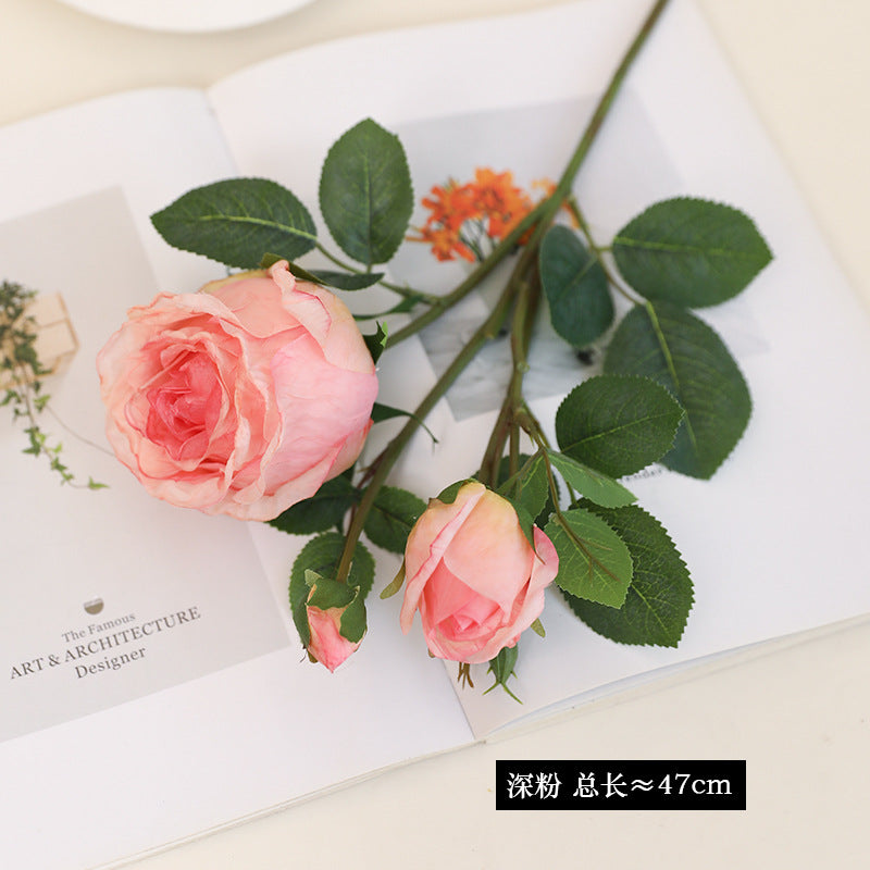 Artificial Single 3-Stem Roasted Edge Roses - Realistic Faux Florals for Home Decor, Vase Arrangements
