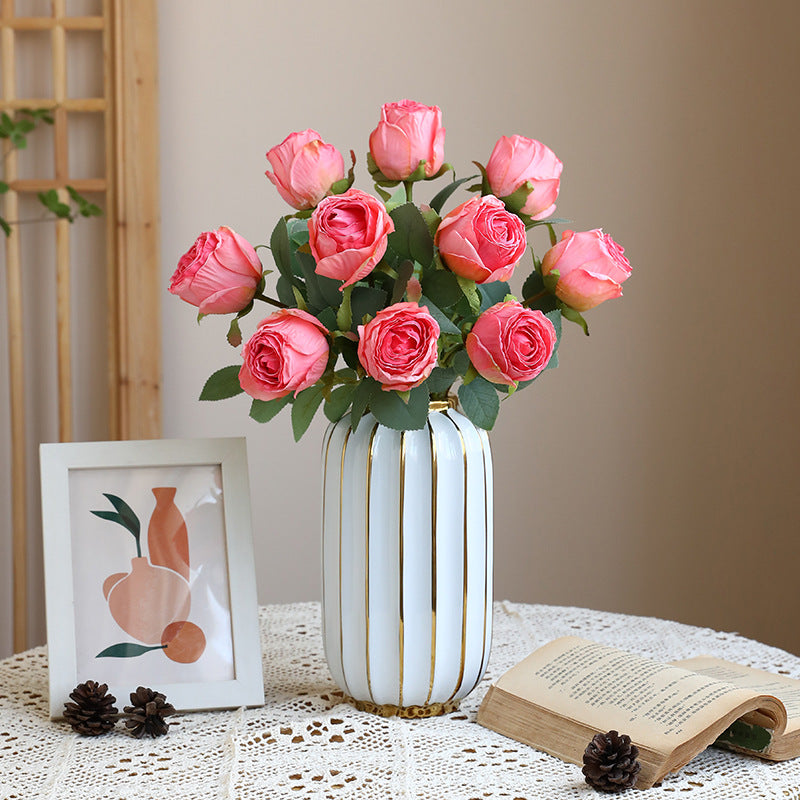Retro Artificial Single Stem Roasted Edge Round Roses - Faux Blooms for Vintage Home Decor & Floral Styling