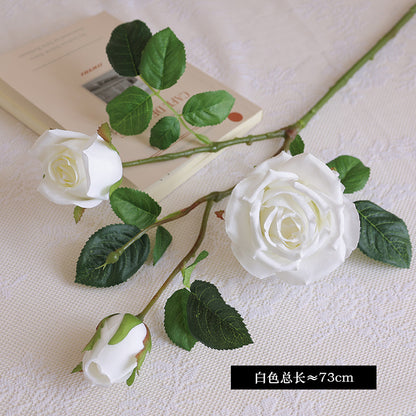 Simulated single-stem three-headed silk rose