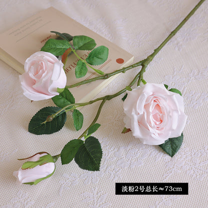 Simulated single-stem three-headed silk rose