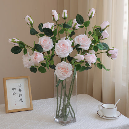Simulated single-stem three-headed silk rose