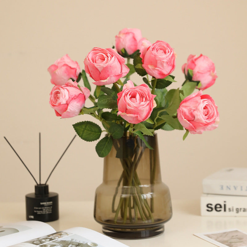 Artificial Baked Edge Rose Flower Bouquet - Faux Dried Flower Arrangement for Home Decor, Wedding & Gift