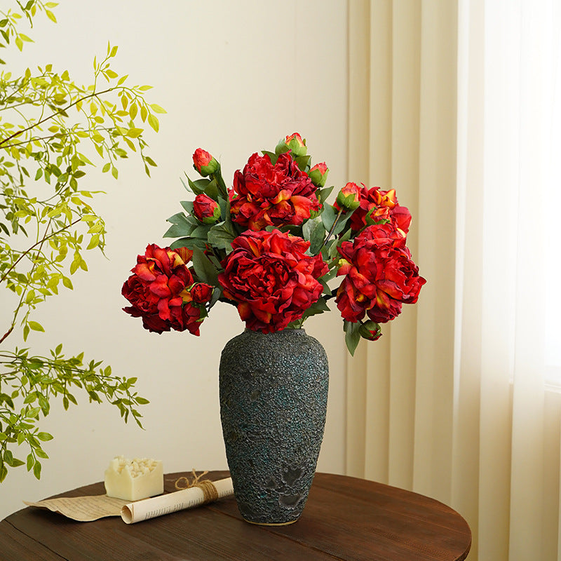 Artificial flowers, oil painting, defocused peony flowers