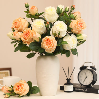 Artificial Single 3-Stem Roasted Edge Roses - Realistic Faux Florals for Home Decor, Vase Arrangements