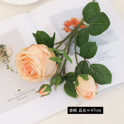 Artificial Single 3-Stem Roasted Edge Roses - Realistic Faux Florals for Home Decor, Vase Arrangements