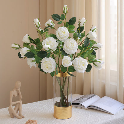 Simulated single-stem three-headed silk rose