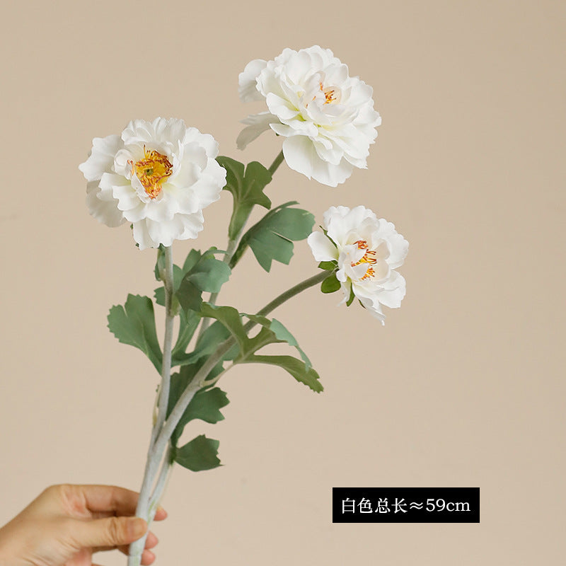 Single branch three-head flocked peony artificial flower