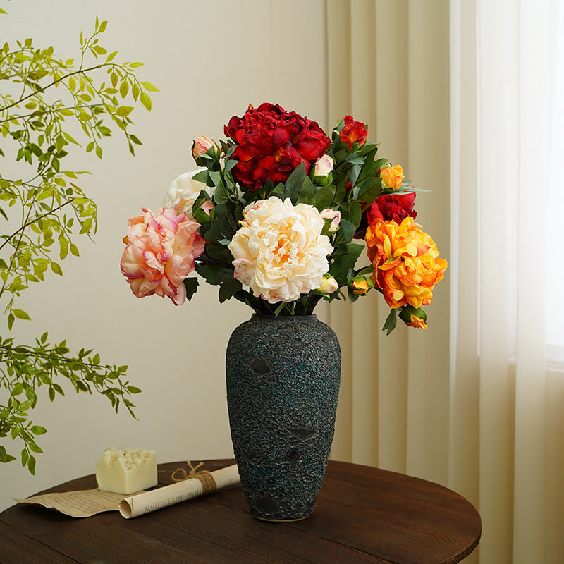 Artificial flowers, oil painting, defocused peony flowers