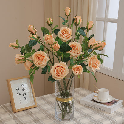 Simulated single-stem three-headed silk rose