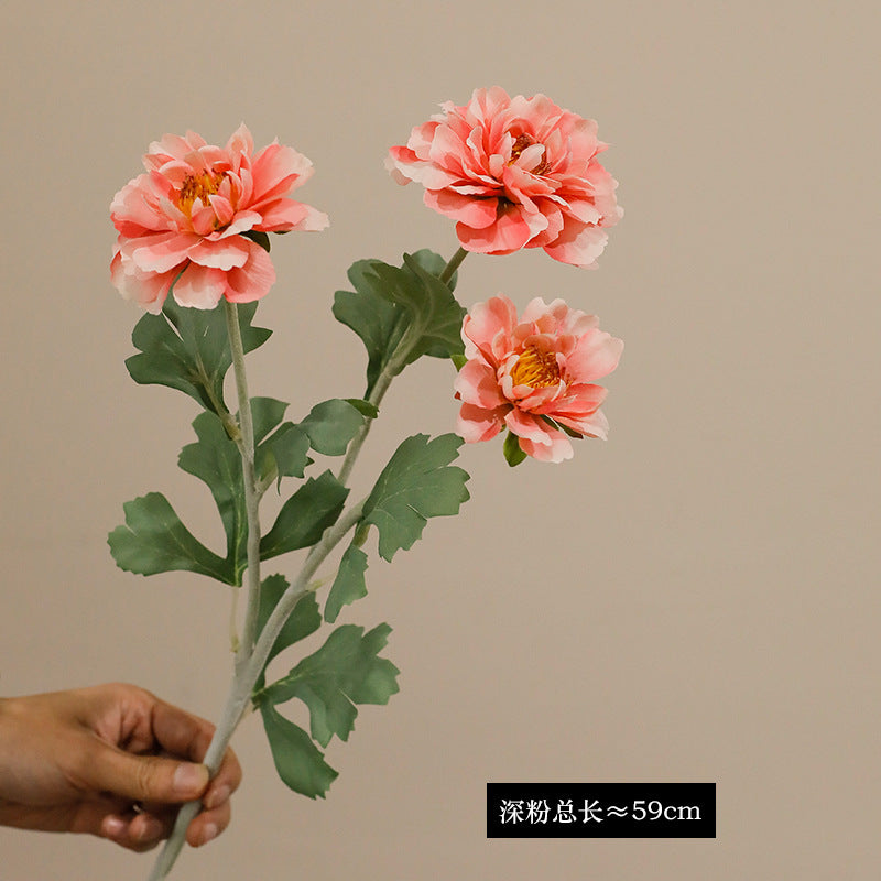 Single branch three-head flocked peony artificial flower
